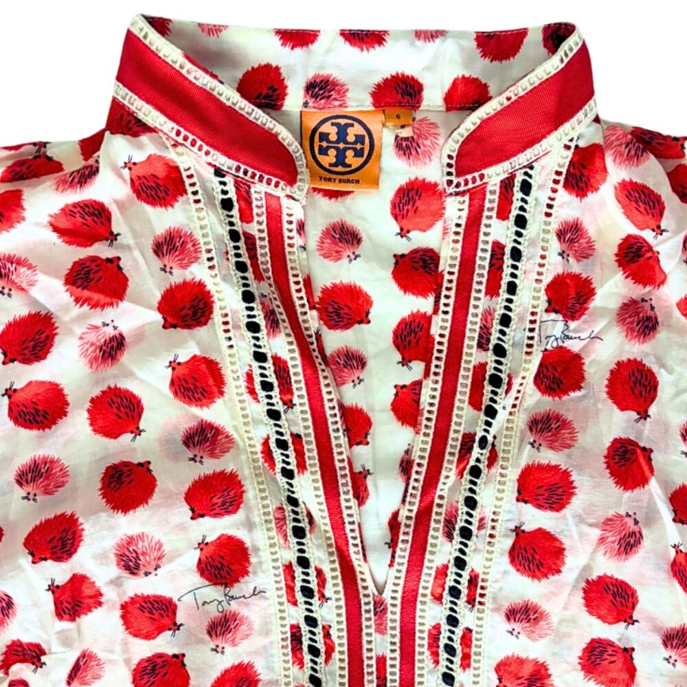 Tory Burch Tunic with Hedgehogs Size 6 Summer Top Swim Pool Coverup, red white
